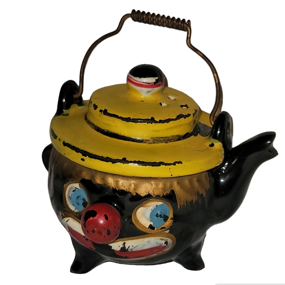 Thames Redware Pottery Clownface 1950s Antique  Kettle Salt Shaker Wire Handle